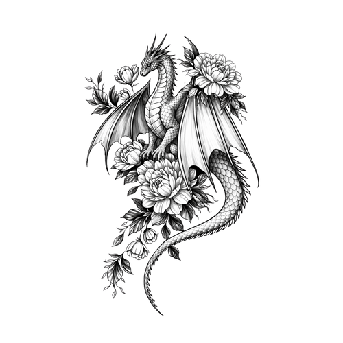 Tatouage ephemere dragon avec fleur