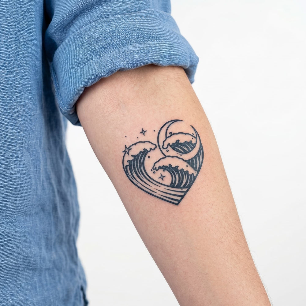 Tatouage ephemere coeur avec vague et étoiles