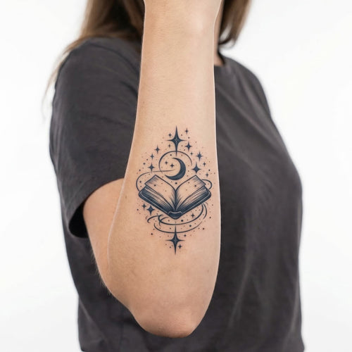 Tatouage livre avec lune et etoile
