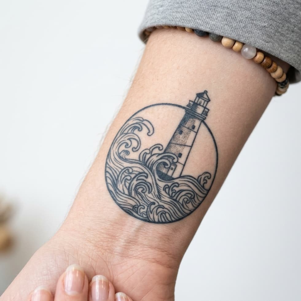 Tatouage ephemere réaliste longue durée de phare avec vagues océan sur poignet