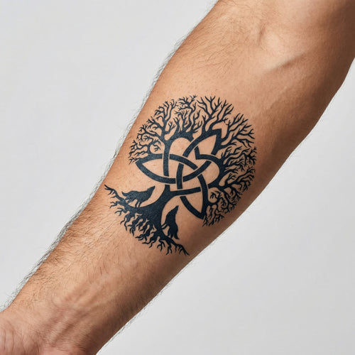 Tatouage homme viking yggdrasil et loups
